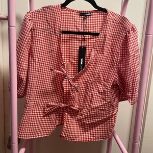 Fashion Nova Red Gingham Wrap Tie Blouse